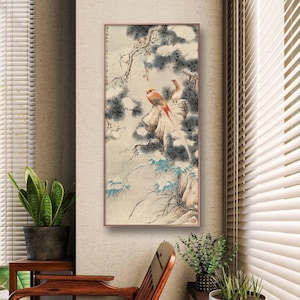 Golden pheasants rest under snowy pine trees, auspicious Chinese botanic painting, vertical East Asian meticulous painting, giclee art print