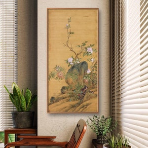 Chinese botanic painting of auspicious and longevity meaning, Chinese ancient court style meticulous silk painting replica, 郎世寧 萬壽長春圖