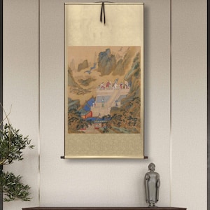 Chinese antique landscape painting, giclee silk print, 明 仇英 吹箫引凤, handcrafted silk hanging scroll, Ming dynasty meticulous painting replica
