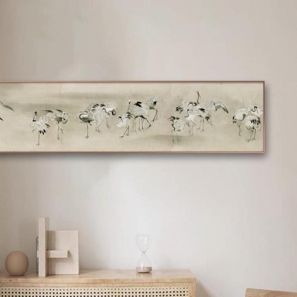 Red crowned cranes brush painting, Japanese art long scroll, Hiroyuki Sumiyoshi, 鶴之繪卷 住吉広行, ink wash art, Japanese art replica, giclee print