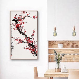 Red plum blossoms, ink brush tree flower painting, vertical Chinese botanical art print, Xuan paper giclee Print, handcrafted hanging scroll