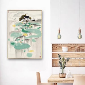 Abstract ink wash art, Wu Guanzhong, vertical light blue-green Jiangnan landscape brush painting, ink wash water town art, giclee art print