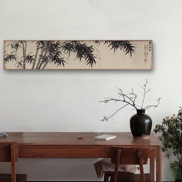 Minimal Bamboo brush painting, horizontal narrow bamboo art, Chinese art replica, giclee print, retro style handcrafted silk scroll hanging