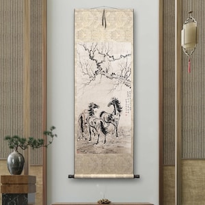 Chinesisches Pferdepinselgemälde, Pferdefamilie, ungerahmter Giclée-Druck, Tuschemalerei-Pferdekunst, Sumi-e-Pferd, große vertikale Tuschepferde-Wandkunst