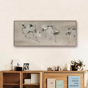 Red crowned cranes, Japanese painting, crane brush painting, minimal brush painting 住吉広行, ink wash art, Japanese art replica, giclee print