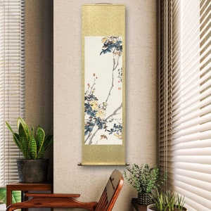 Yellow roses, by Chen Banding, 32x91 cm, vertical freehand style watercolor botanic Chinese painting art print, handmade silk hanging scroll