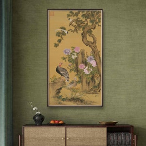 Chinese ancient Bird and flower painting, fine brush painting giclee print on silk paper, East Asian vintage fine art print 餘省 牡丹雙綬圖
