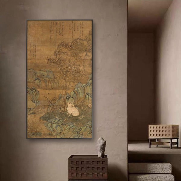 Jade Rabbit in Chan Palace, Chinese meticulous bunny painting, Chinese rabbit zodiac fine art print, antique painting silk replica 陶成 蟾宮玉兔圖