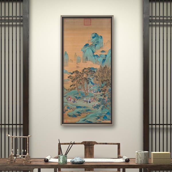 Chinese ancient blue-green Shan shui painting, East Asian art giclee print, handcrafted Chinese traditional silk hanging scroll, 仇英 春山游猎图