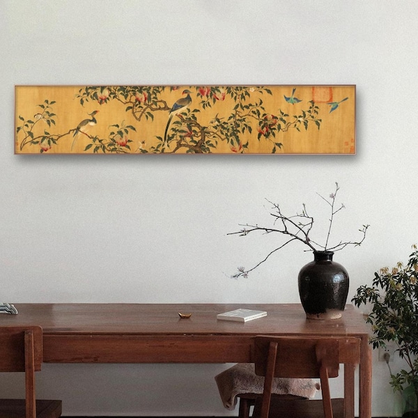 Peach and blue bird, Chinese antique peach tree and flying birds painting, horizontal narrow Chinese ancient fine art print, Gongbi botanic