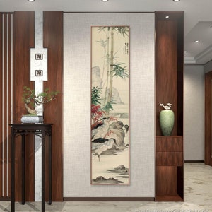 Bamboo, birds, long vertical Chinese traditional meticulous painting print, retro style extra tall silk hanging scroll, entrance wall art
