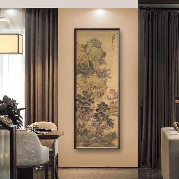 Tall pine tree and Peach blossoms mountain art, vertical narrow East Asian wall art, Chinese antique landscape painting replica, silk print