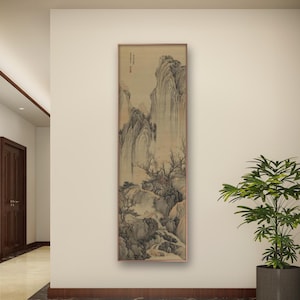 High mountains and waterfalls, Chinese antique landscape painting replica, silk print, handcrafted silk hanging scroll, East Asian wall art