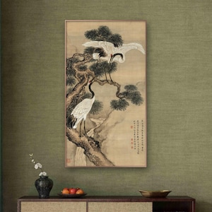 Pine tree and red crowned cranes, Chinese meticulous painting fine art print, East Asian retro Chinese cranes painting, giclee print SQn