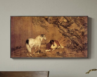 Painting of Twin Steeds in Willow Shade, tranquil painting, calm wall décor, vintage retro Chinese horse painting, archival print on silk