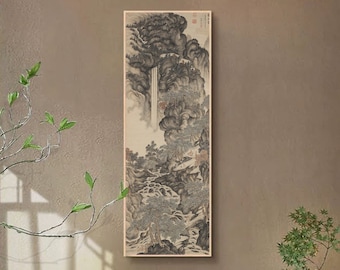 Lushan Mountain, high waterfalls and winding streams, mount Lu, vertical narrow Shan shui scroll, Chinese landscape art replica 丁雲鵬 廬山高