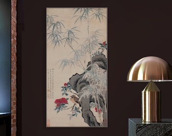 Birds Perching on Flowers and Bamboo, gentle coloring bird and flower painting, antique art reproductions, 王武 花竹栖禽, unframed archival print