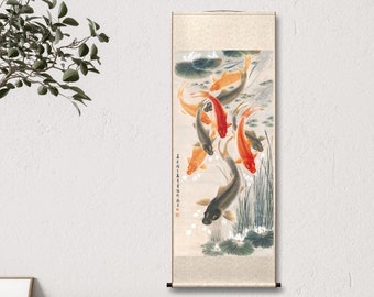 Koi fish pond, Wu Qingxia, nine koi fish Fengshui wall art, high quality Xuan paper art print, large vertical watercolor koi fish Feng shui