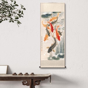 Koi fish pond, Wu Qingxia, nine koi fish Fengshui wall art, high quality Xuan paper art print, large vertical watercolor koi fish Feng shui
