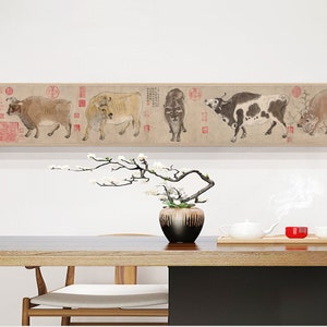 Extra long horizontal Five Oxen, Han Huang, Tang Dynasty, 五牛圖 唐代 韩滉, Chinese brush painting art print, Feng shui painting, office wall deco
