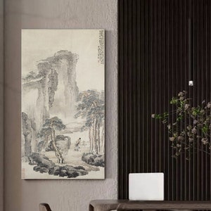 Minimal light gray tones Chinese landscape painting replica, handcrafted scroll hanging, retro style ink wash mountain art print, 黃慎 商山四皓