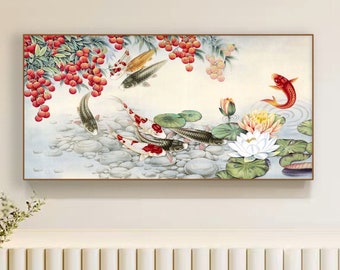 Lychee, lotus, koi, auspicious wall décor painting, archival print, large horizontal Chinese Feng shui nine koi fish painting, Gongbi koi