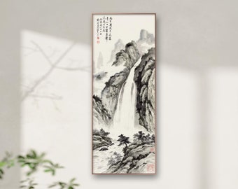 Minimal black and white waterfalls and high mountain, long narrow silk hanging scroll wall art, Chinese vintage landscape painting wall art