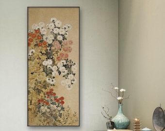 Japanese antique peony chrysanthemum decoration painting, vintage style vertical narrow meticulous botanic wall art, Xuan paper print