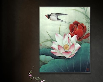 Swallow dance gentle breeze, meticulous lotus blossoms painting, HD print, Fine art print, vertical vibrant watercolor waterlily painting