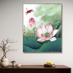 Pink lotus blossom and red dragonfly, Song dynasty taste lotus Meticulous painting HD print, vertical refresh Summer flowers wall art