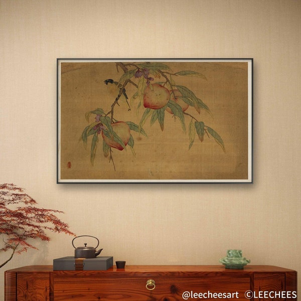 Peach fruits and Great tits, Antique meticulous bird and fruit art print high quality micro-jet silk print on silk, Chinese Gongbi art print