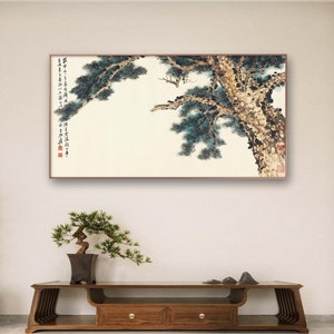 East Asian minimal pine tree decoration painting wall decor, Zhang Daqian, sumi e pine tree art print, large horizontal pine tree wall art