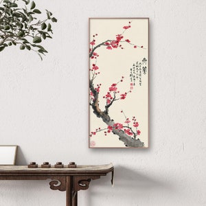 Secret Fragrance, Tao Lengyue, red plum brush painting, silk print hanging scroll, vertical Chinese style botanic art print, unframed