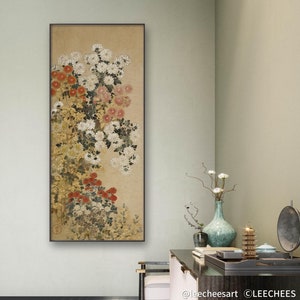 Japanese antique peony chrysanthemum decoration painting, vintage style vertical narrow meticulous botanic wall art, Xuan paper print