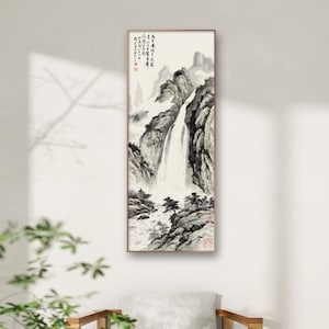 Minimal black and white waterfalls and high mountain, long narrow silk hanging scroll wall art, Chinese vintage landscape painting wall art