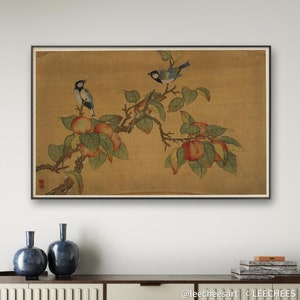 Apple fruits and magpies, Antique meticulous bird-and-flower art print high quality micro-jet silk print on silk, Chinese Gongbi art print