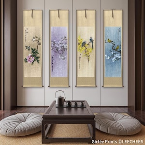 Set of 4 long narrow vertical bird and flower art silk hanging scroll, Cherry flowers, peony, smoke tree, magnolia, meticulous giclee prints