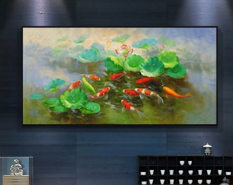 Lotus and koi art, auspicious art, large vertical Feng Shui nine koi fish, oil painting, large horizontal giclee canvas print, unframed