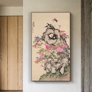 Chinese peony blossoms painting, retro style vertical narrow meticulous botanic wall art, Xuan paper print art replica, hanging scroll
