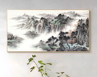 Surrounded by mountains and clouds, large horizontal Chinese landscape painting archival print,  embraced by natural beauty, calming décor