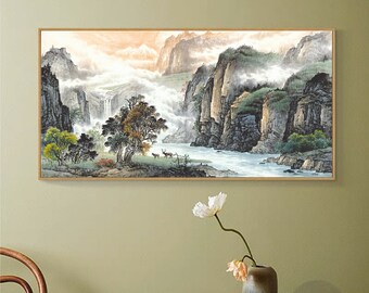 Scenic mountains and clouds, large horizontal Chinese landscape painting archival print,  Feng shui landscape painting with good luck