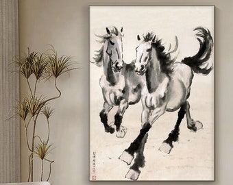 走る馬の水墨画：大きな白黒の風水壁アート - Etsy 日本