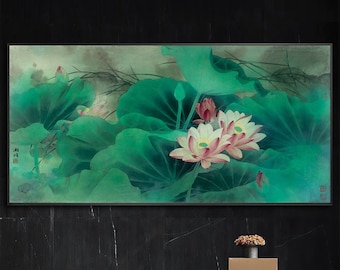 Lotus pond, Chinese Gongbi brush painting, giclee canvas print, silk print, art replica, unframed, large scale horizontal botanic art print