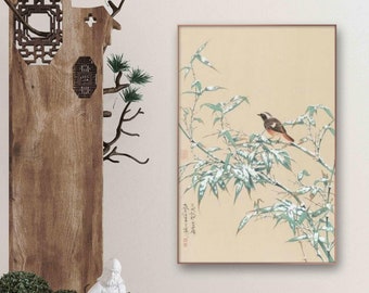 Snowy bamboo and bird, Chinese vintage brush painting print, silk hanging scroll, Unframed art print, botanic wall art, Chinese gift