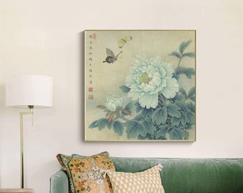 Fresh and elegant Light green Peony fine art print, Huaichen, Chinese Gongbi peony painting, Meticulous green peony painting, 豆绿, 40x40