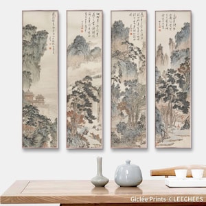 Long narrow vertical Chinese antique landscape art, Shan shui giclee print silk hanging scroll, Chinese brush painting replica, Set of 4