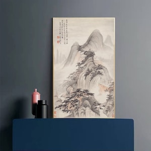 Vertical Shan shui wall art, ink wash brush painting, original scanned 1:1 scale, mountains landscape art giclee print, unframed