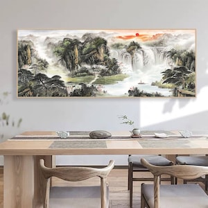 Spring landscape art, vast and infinity mountains and waterfalls fine art print, Large scale horizontal Chinese Feng shui landscape wall art