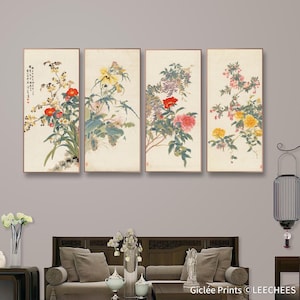 Chinese traditional botanic painting, set of 4, Chinese seasons flower art, East Asian brush painting, giclee art print, silk hanging scroll