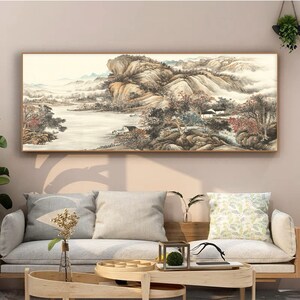 Fish Concealed in the Stream and Mountains, extra large horizontal Chinese traditional landscape painting, limited edition archival print